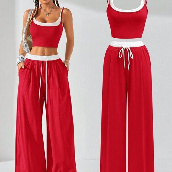 Red and White Casual Women's Sport Knit Tank Tops & Sweatpants - Picture 1 of 10